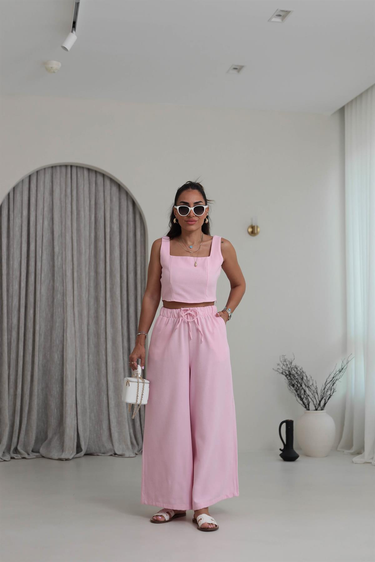 9381 Keten Kare Yaka Büstiyer Pantolon Takım PEMBE