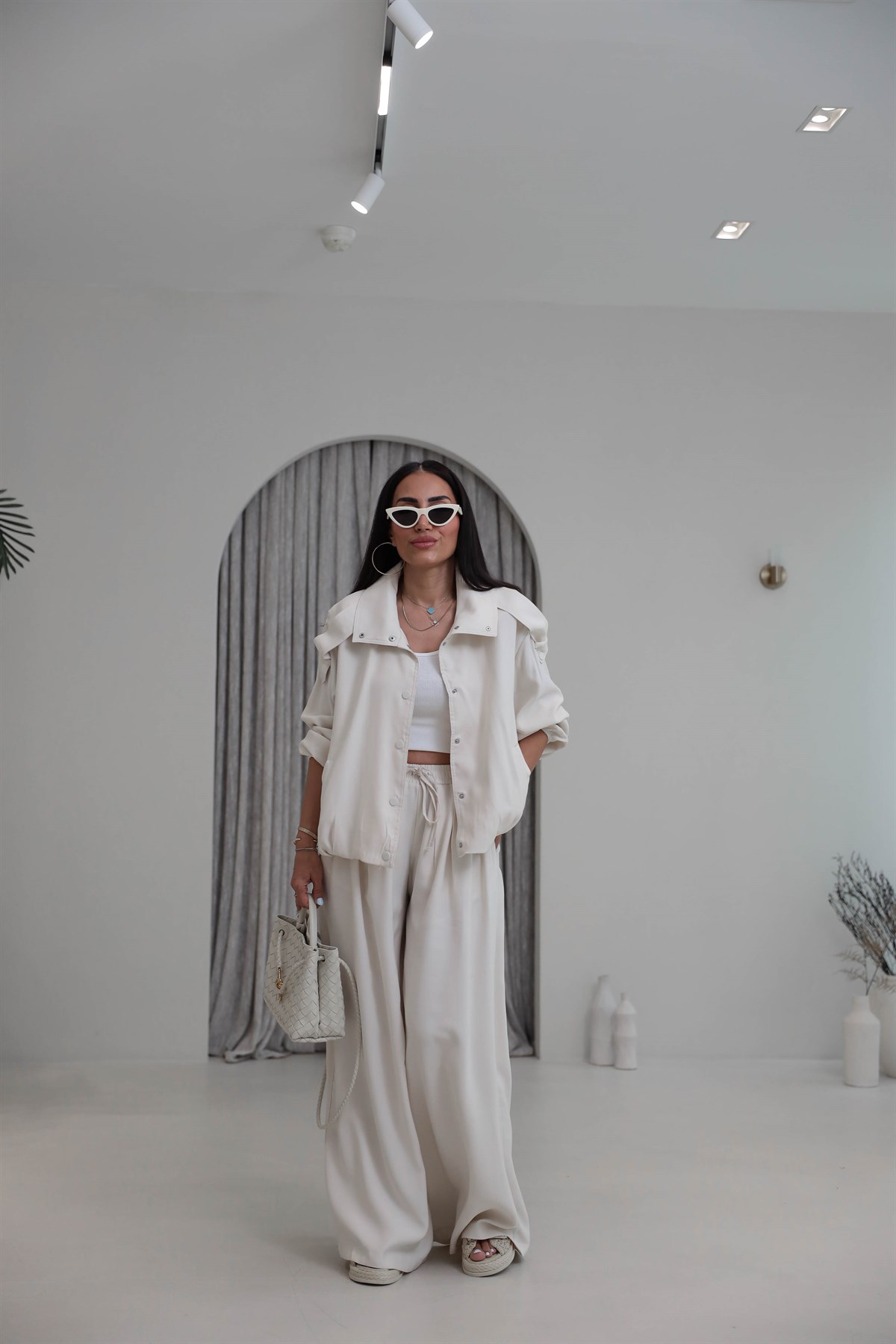 8297 Tencel Kumaş Rahat Kalıp Ceket Pant Takım BEJ
