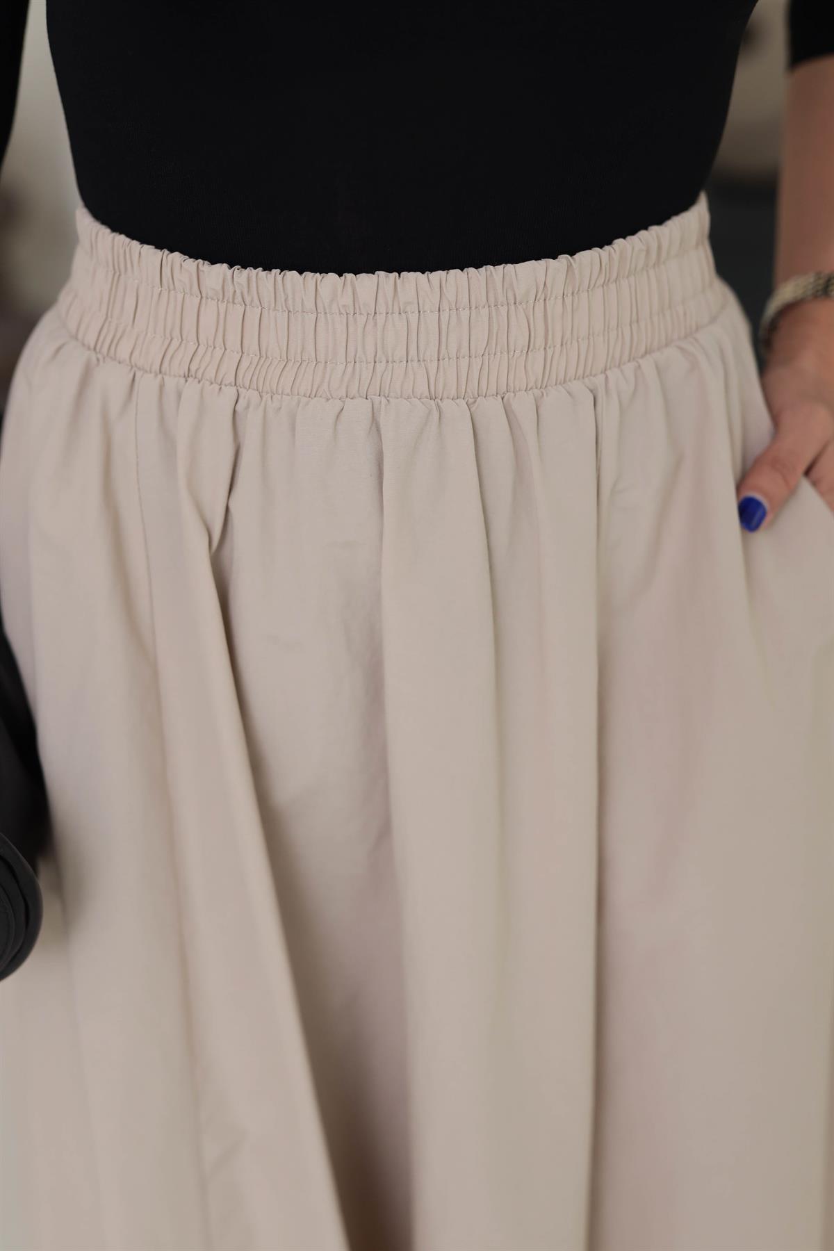 7884 Bel Lastikli Cep Detaylı Parçalı Midi Etek TAŞ