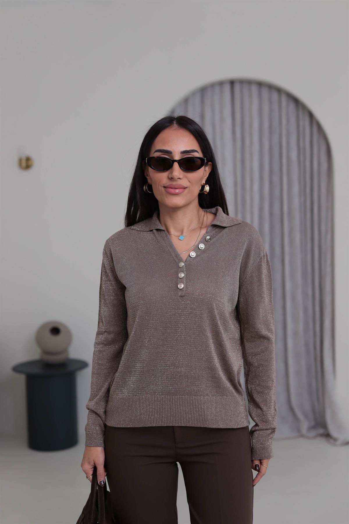 Simli Polo Yaka Bluz VİZON