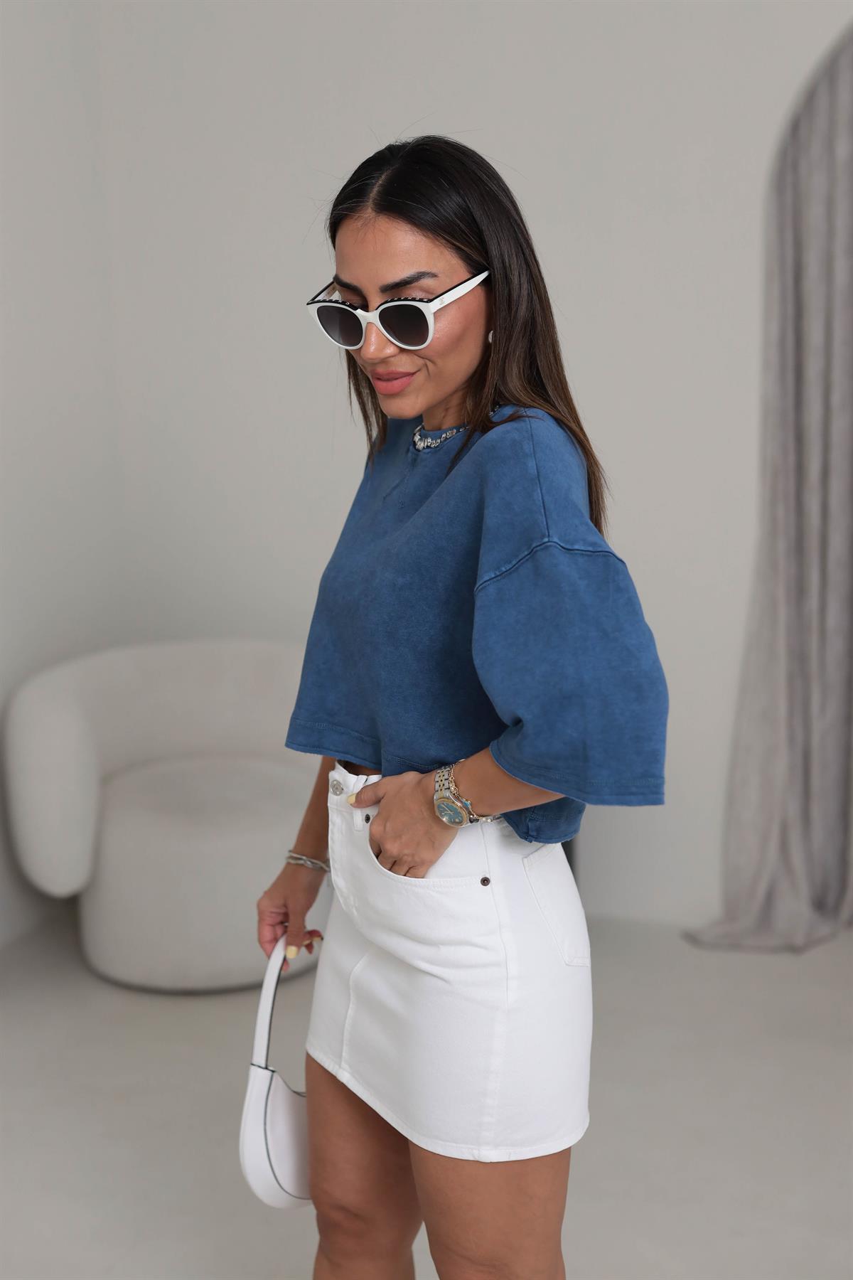 7090 Yaka Taşlı Pamuklu Kısa Tshirt Indigo