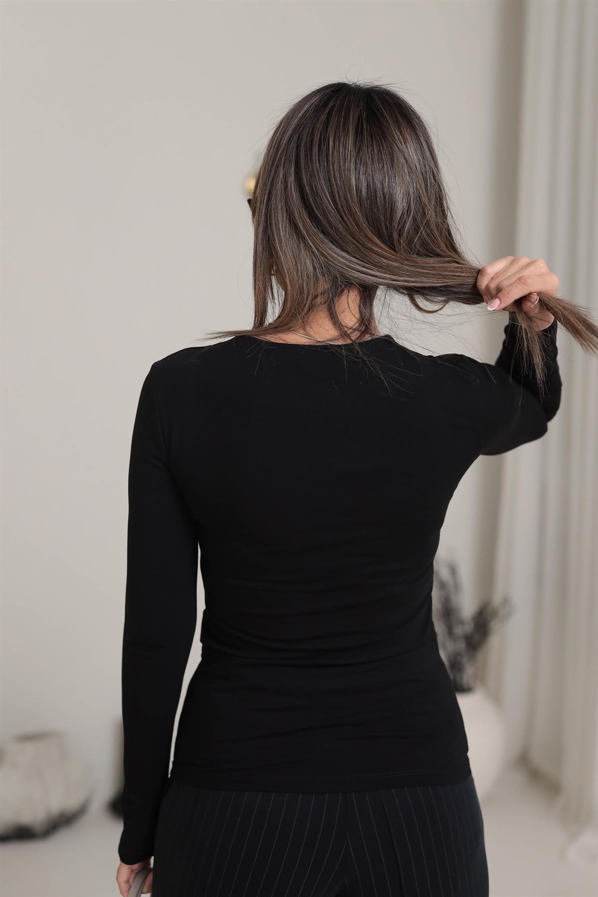 6487 Sıfır Yaka Pamuklu Yumuşak Bluz SİYAH