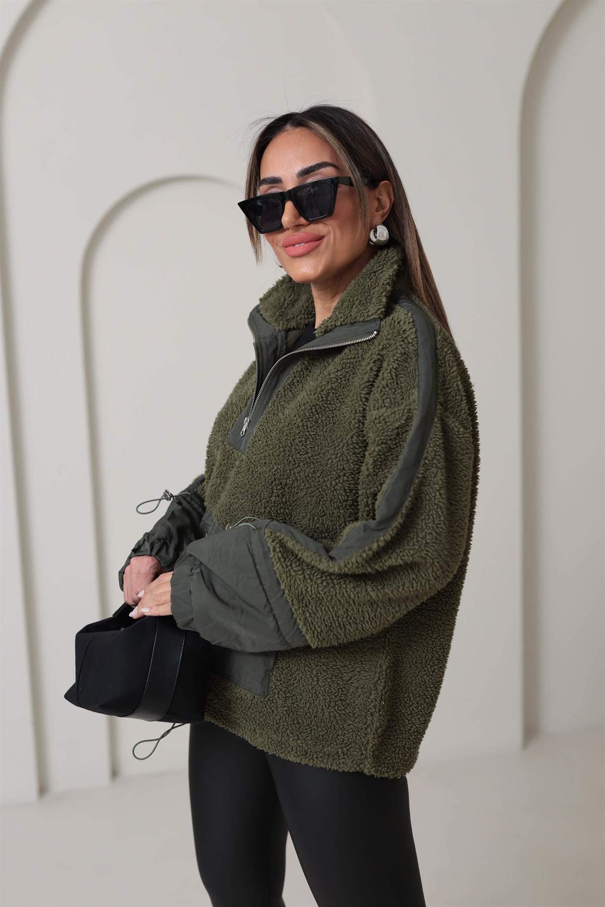 Yarım Fermuarlı Paraşüt Kumaş Detaylı Sweatshirt HAKİ YEŞİL
