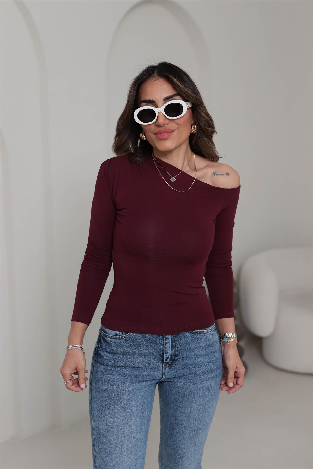1001 Omuz Drape ve Dekolte Detaylı Bluz BORDO
