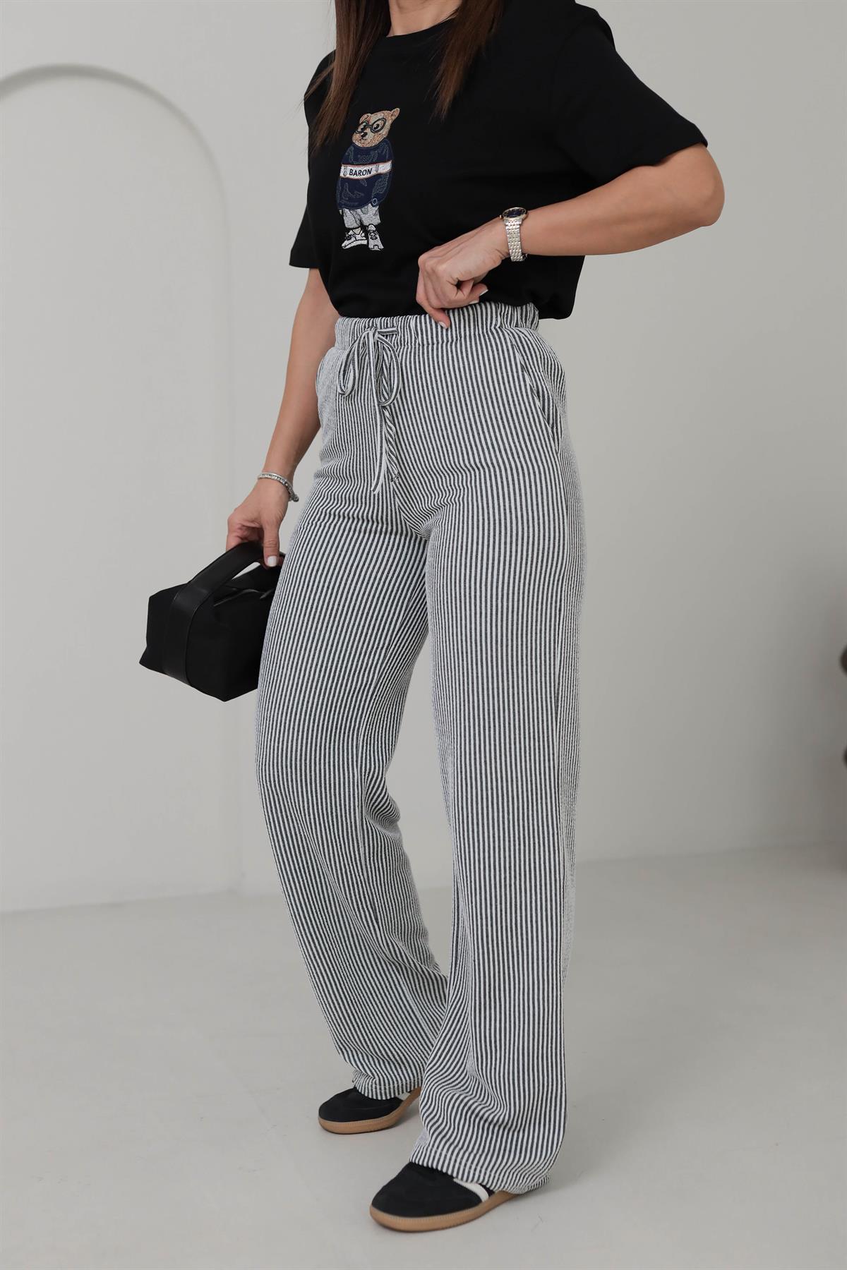 0146 Çizgili Rahat Pantolon SİYAH