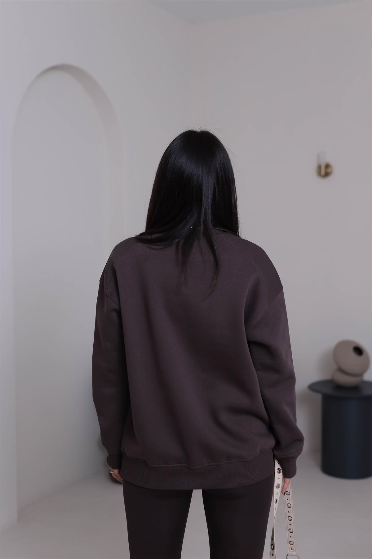 7912 Bisiklet Yaka Şardonlu Sweatshirt ACI KAHVE