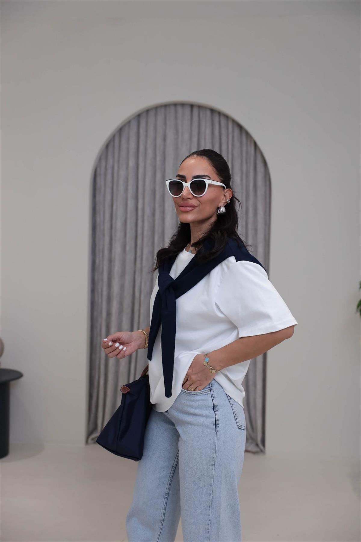 0688 Şal Detaylı Pamuklu Tshirt LACİVERT