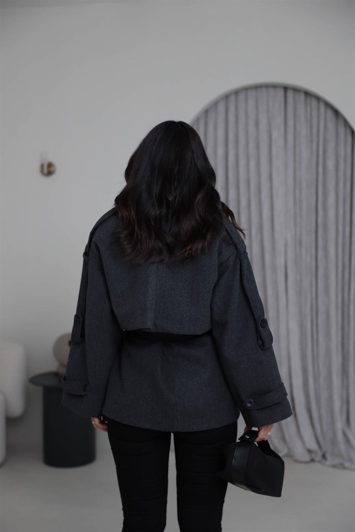 9669 Kuşaklı Oversize Premium Kaşe Ceket FÜME