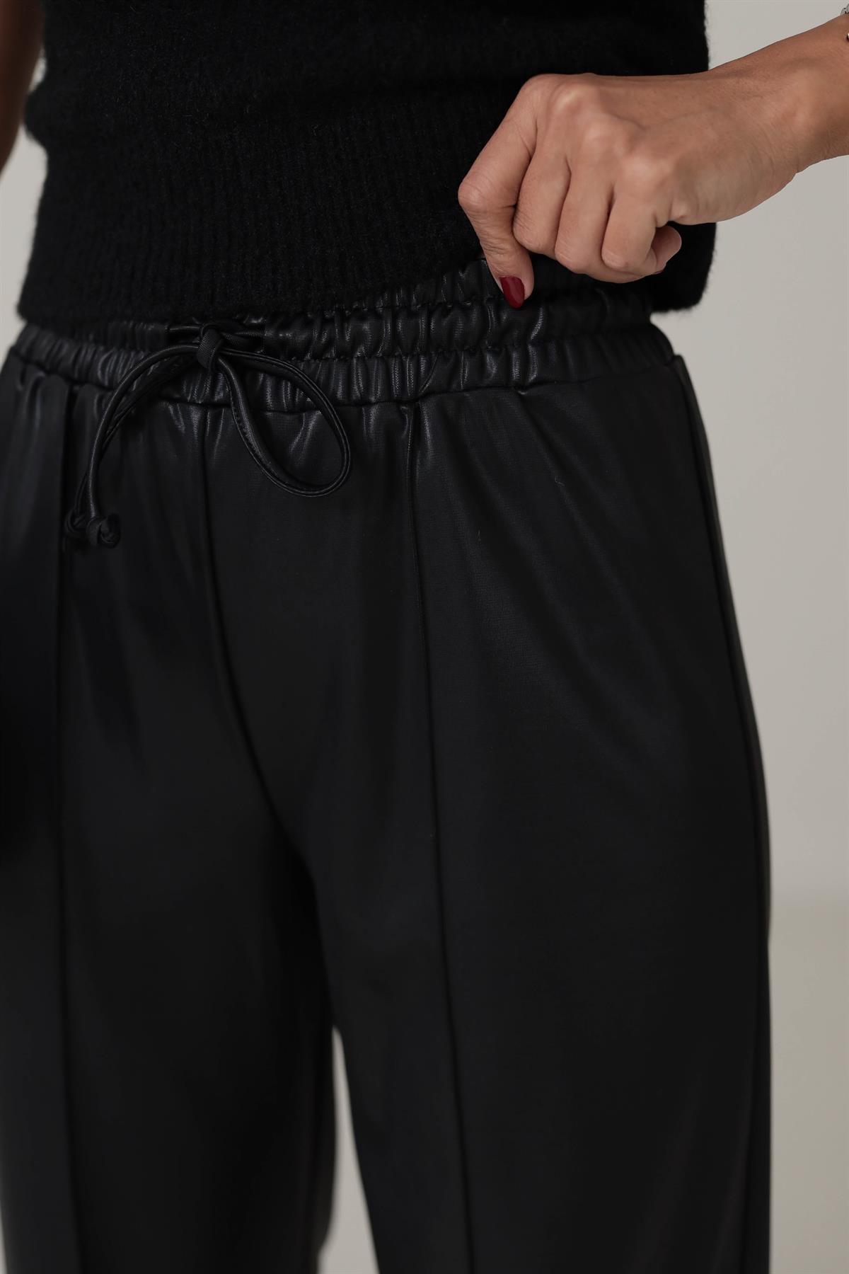 0907 Önü Çimalı Deri Palazzo Pantolon