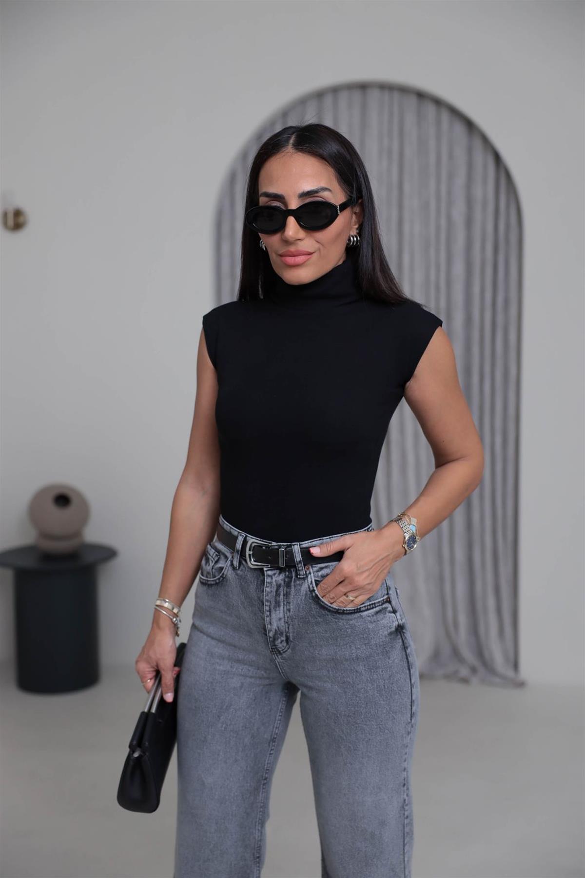 1020 Balıkçı Yaka Sıfır Kol Çıtçıtlı Bodysuit SİYAH