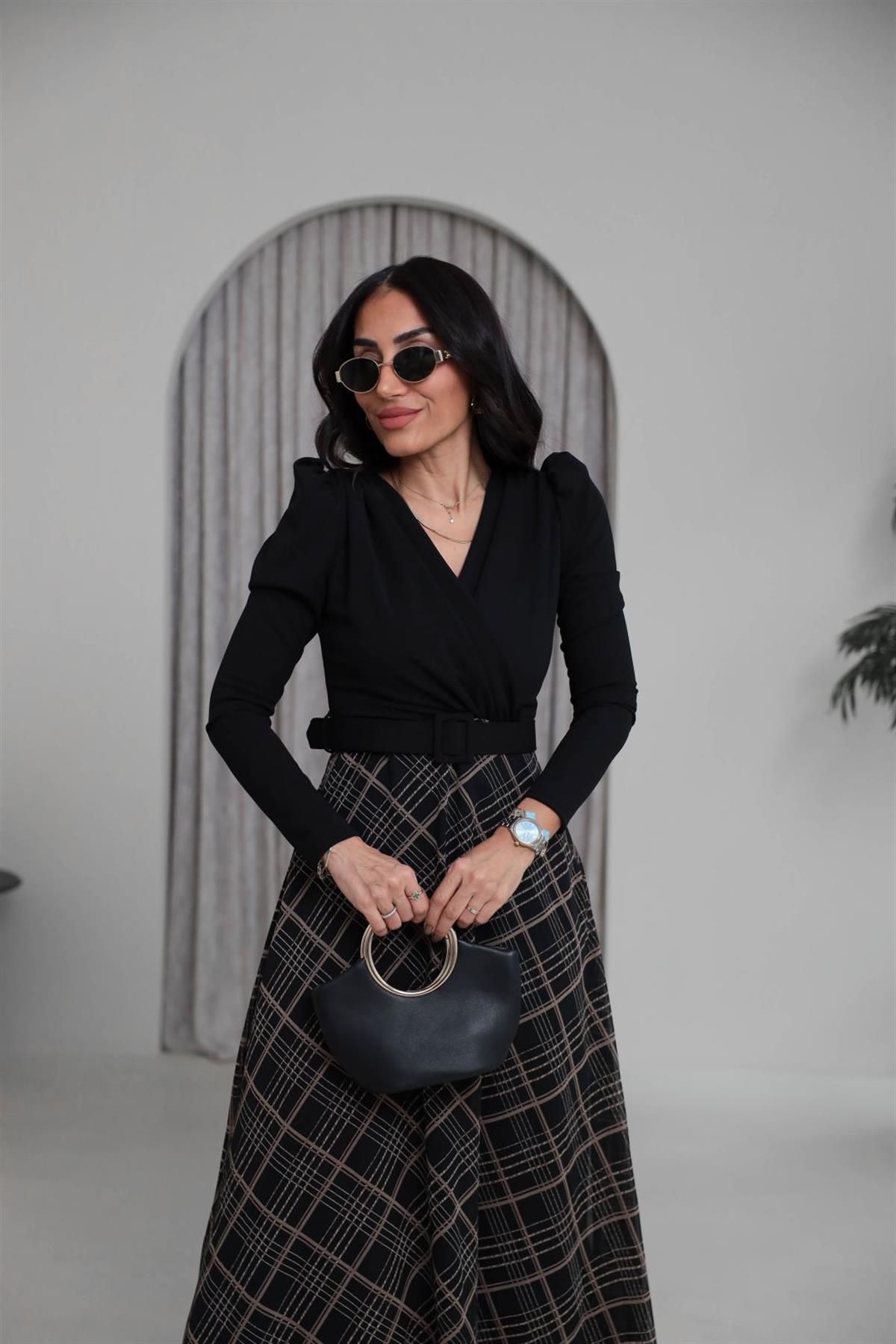 3860 Kruvaze Yaka Kemerli Maxi Elbise SİYAH