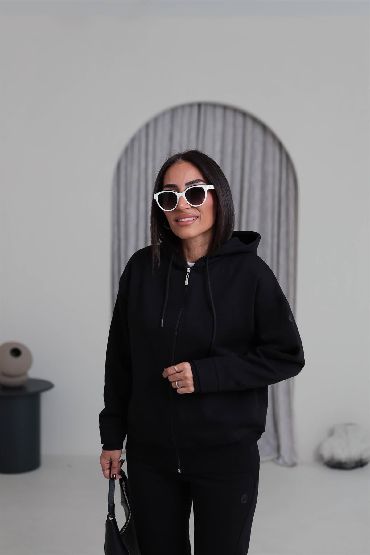 7316 Kapşonlu Fermuarlı Şardonlu Sweatshirt SİYAH