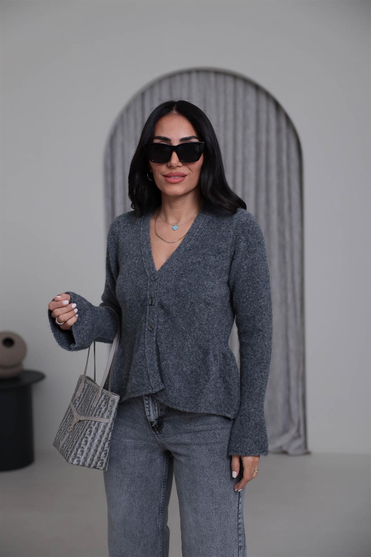 4930 V Yaka İspanyol Kol Peplum Hırka KOYU GRİ