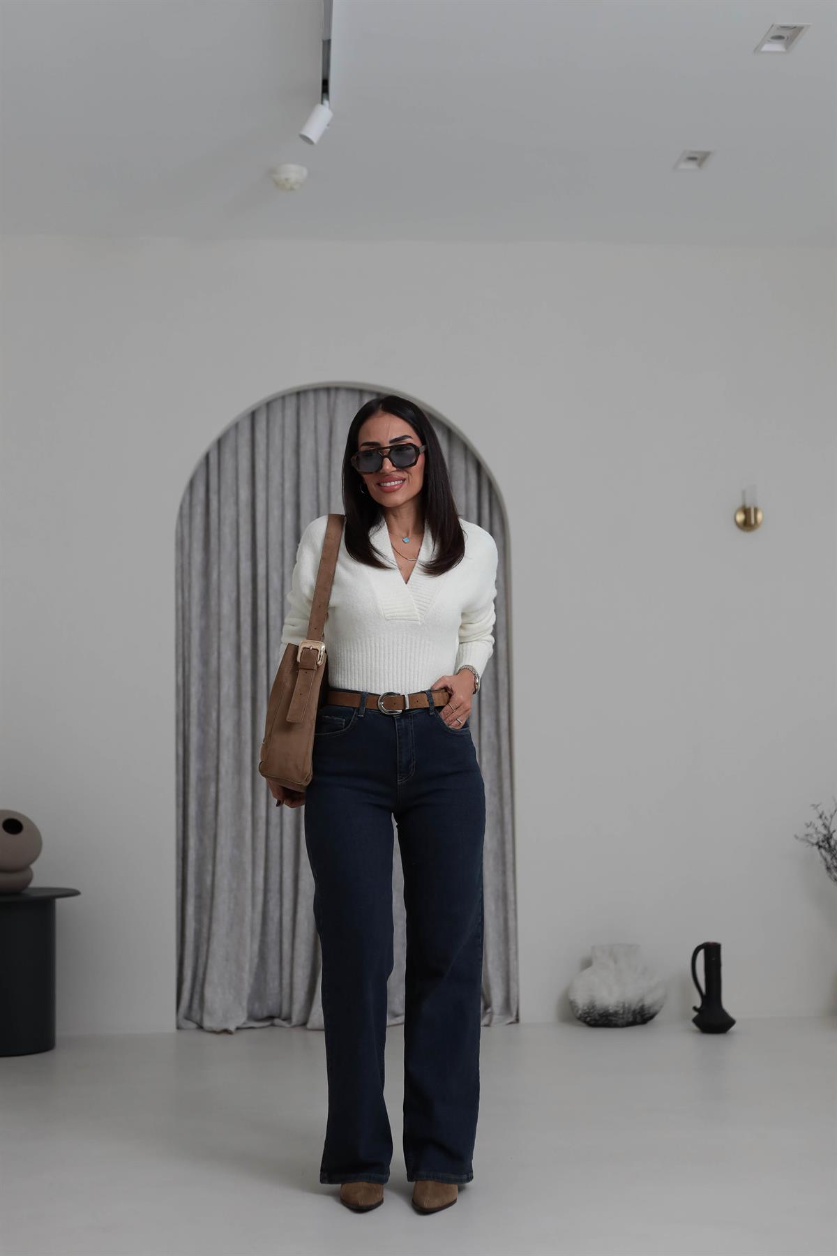 D-881 Yüksek Bel Kemerli Wide Leg Jean KOYU MAVİ