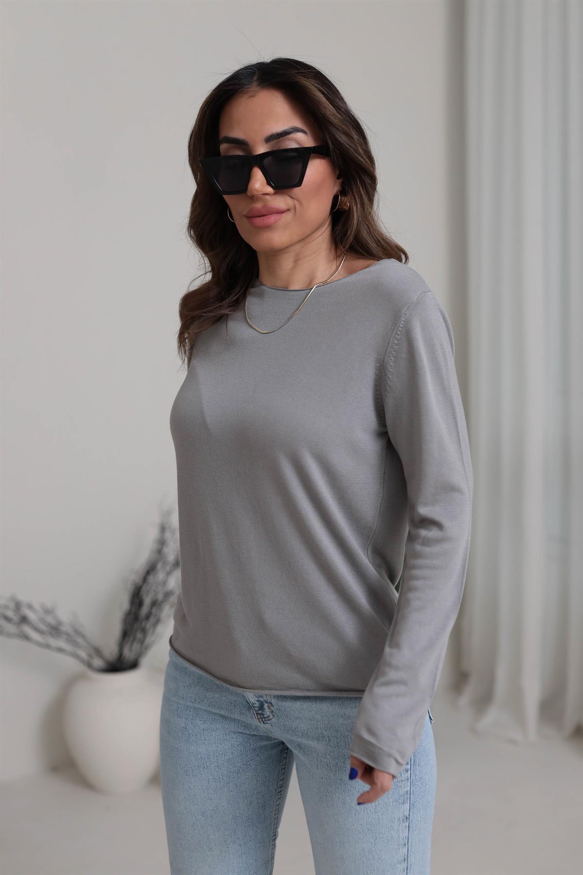 1061 Açık Yaka Uzun Kol İnce Triko GRİ