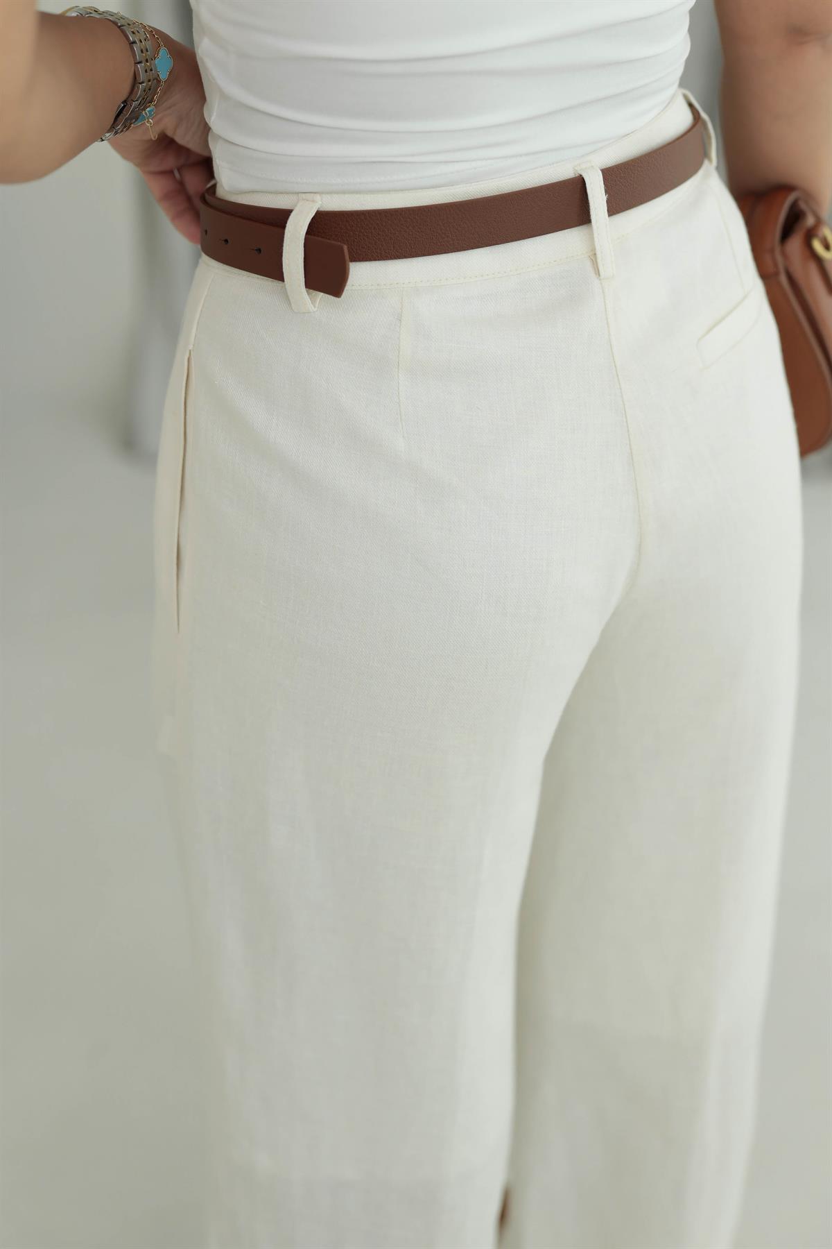 7214 Ham Keten Dökümlü Pantolon NATURAL