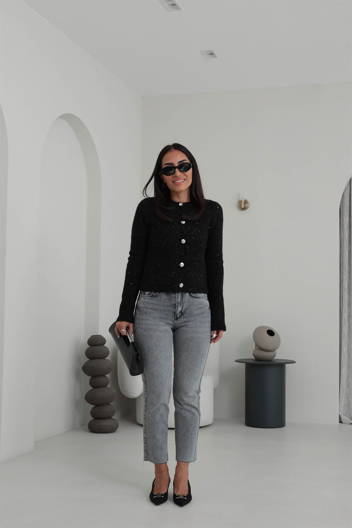 0935 Bisiklet Yaka Pullu Simli Düğmeli Triko Hırka SİYAH