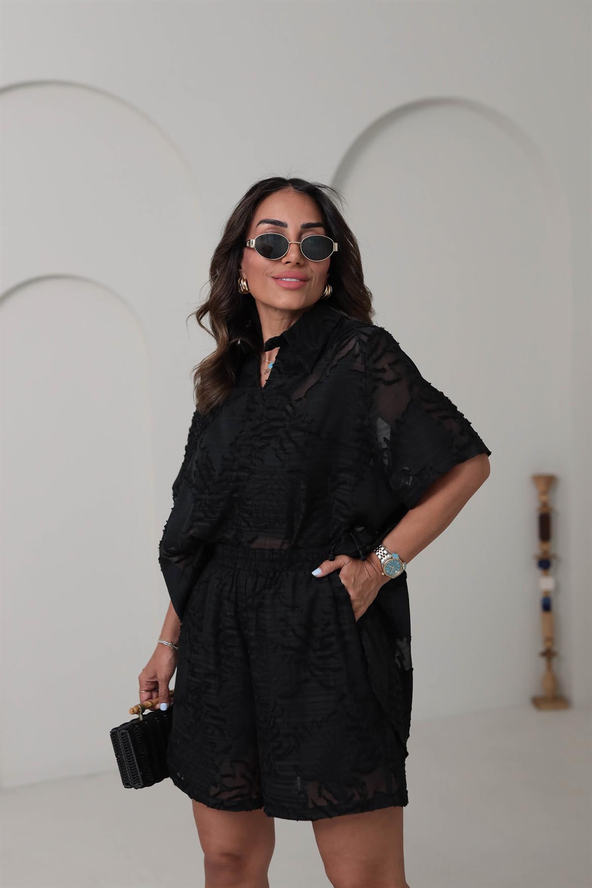 8854 İthal Jakarlı Gömlek Şort Takım SİYAH