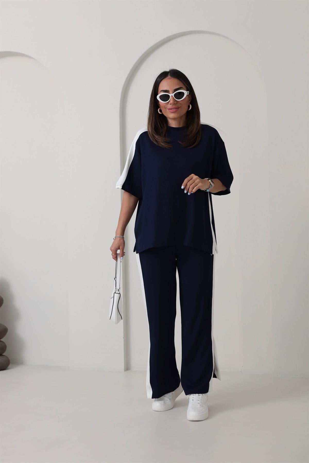 3417 Kontrastlı Paça Yırtmaçlı Rahat Modal Takım LACİVERT