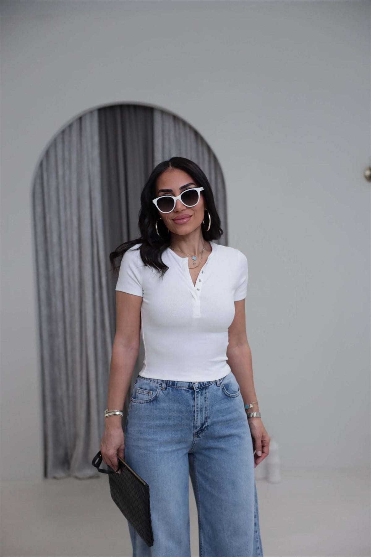 1704 Çıtçıt Düğmeli Kısa Kol Modal Tshirt EKRU