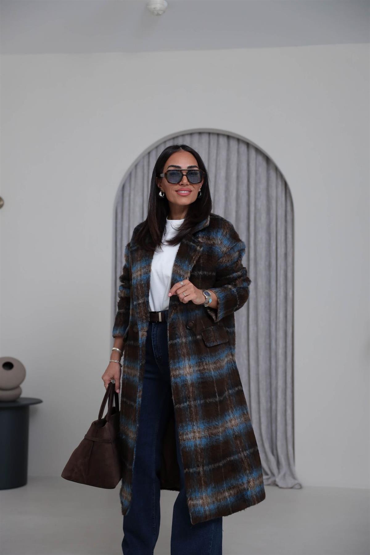 9751 Kare Desenli Yün Palto KAHVE