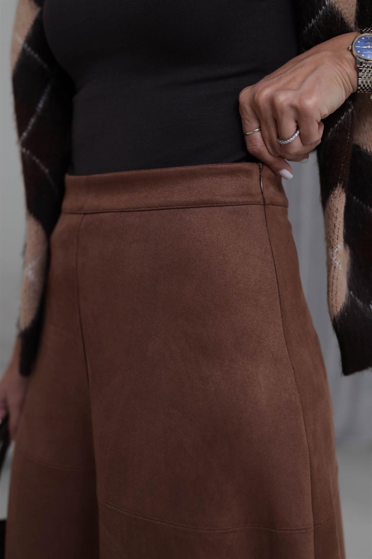 7547 Midi Boy Yüksek Bel Süet Etek TABA