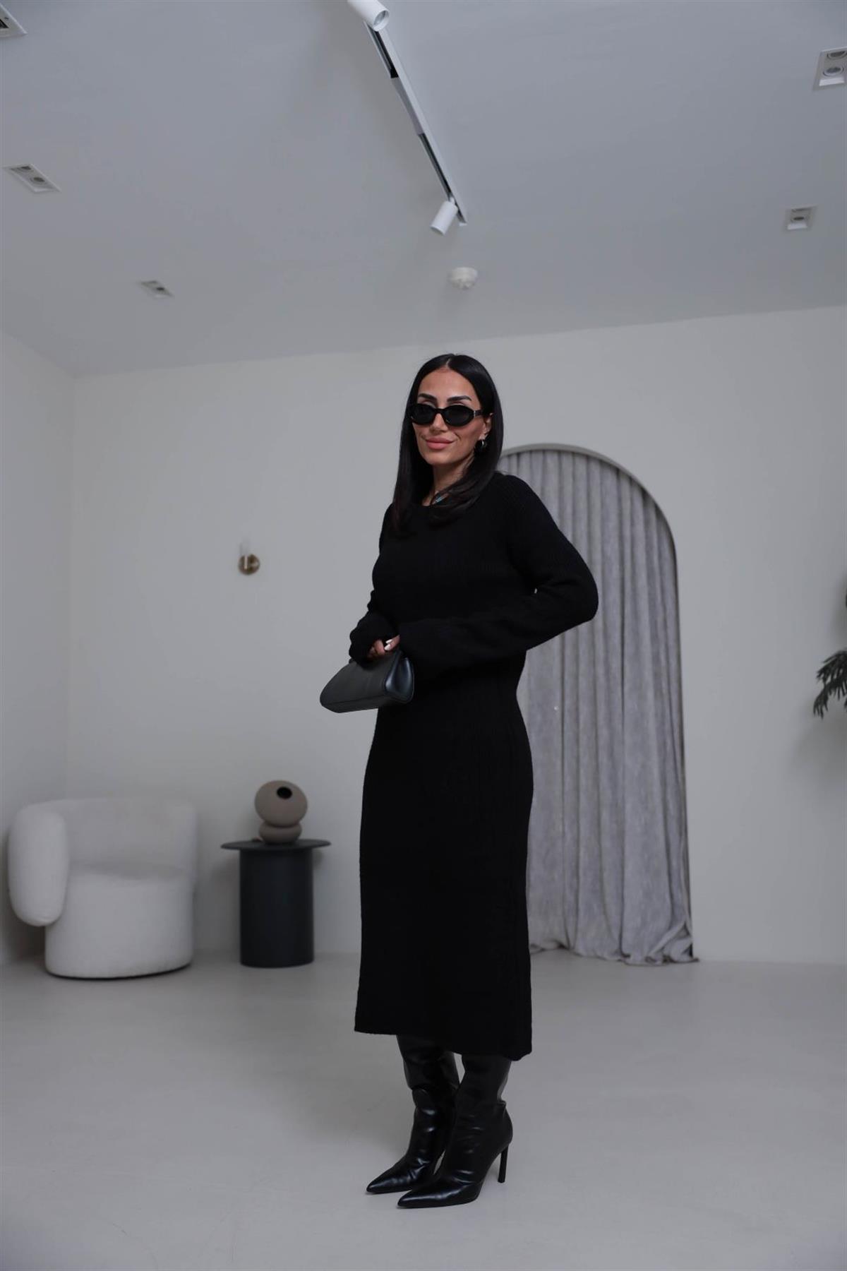 5137 Selanik Örgü Uzun Triko Elbise SİYAH