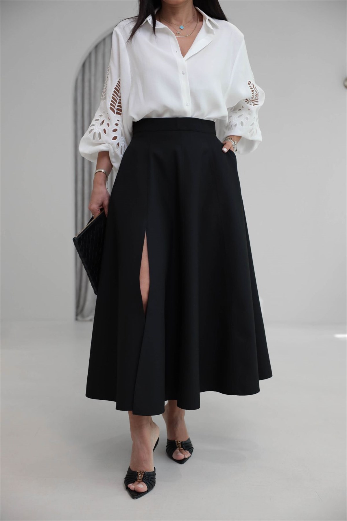 5175 Dokulu Yüksek Bel Yırtmaçlı Etek SİYAH