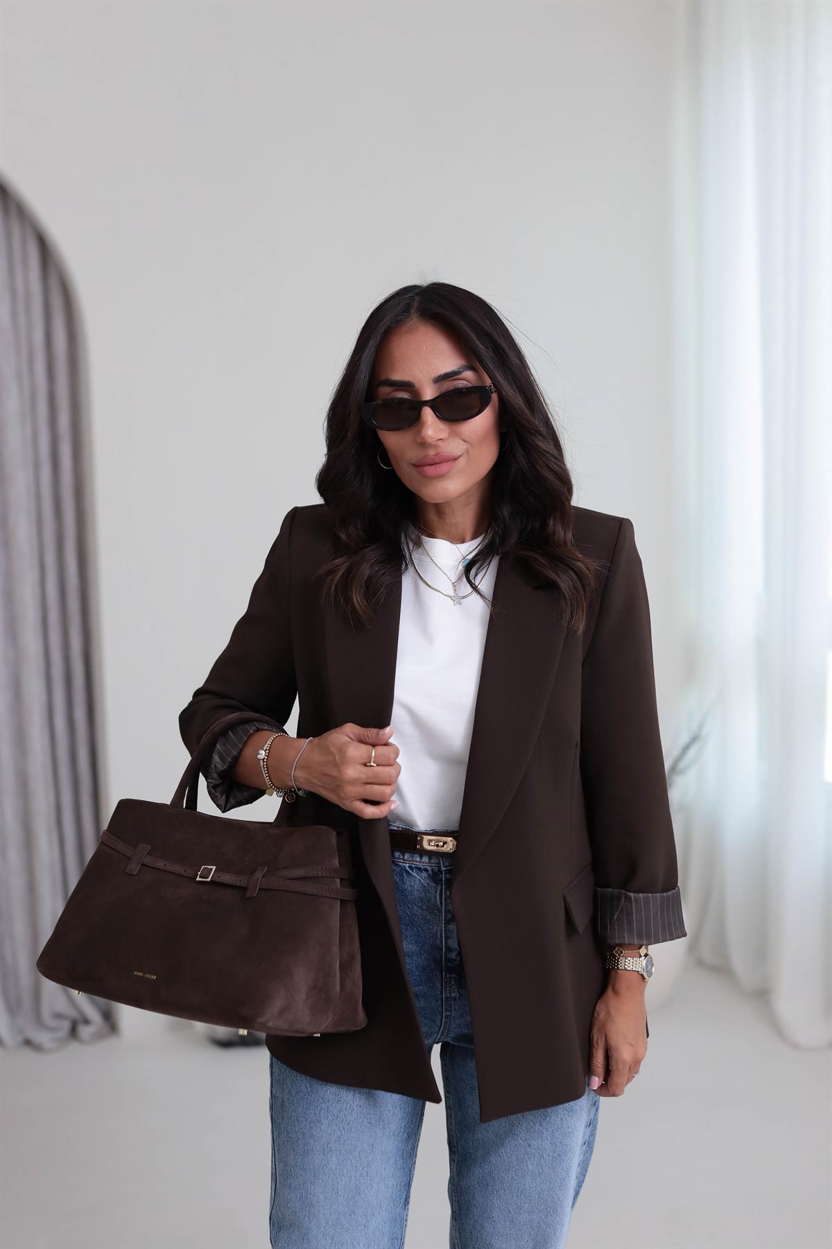 7560 Kol Katlamalı Cep Detaylı Astarlı Ceket ACI KAHVE