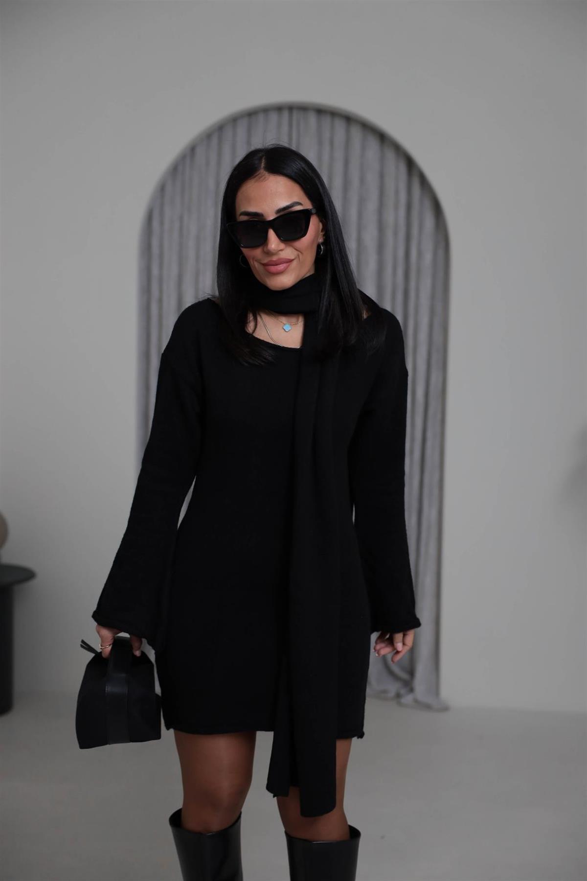 5251 Kayık Yaka Şallı Tunik SİYAH