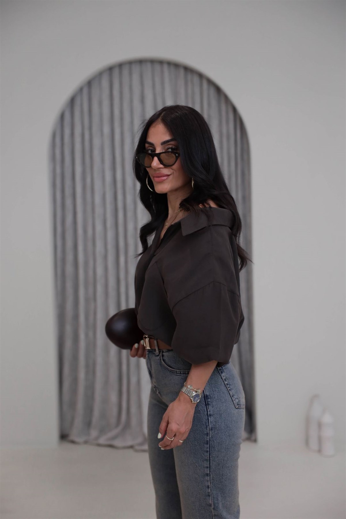 4612Y Tencel Omzu Düşük Oversize Gömlek ACI KAHVE