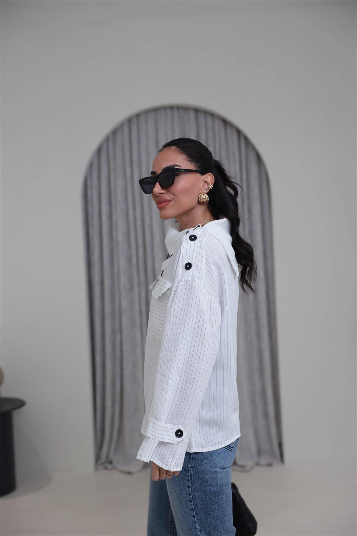 4067 Düğmeli Yaka Detay Çizgili Modal Gömlek BEYAZ