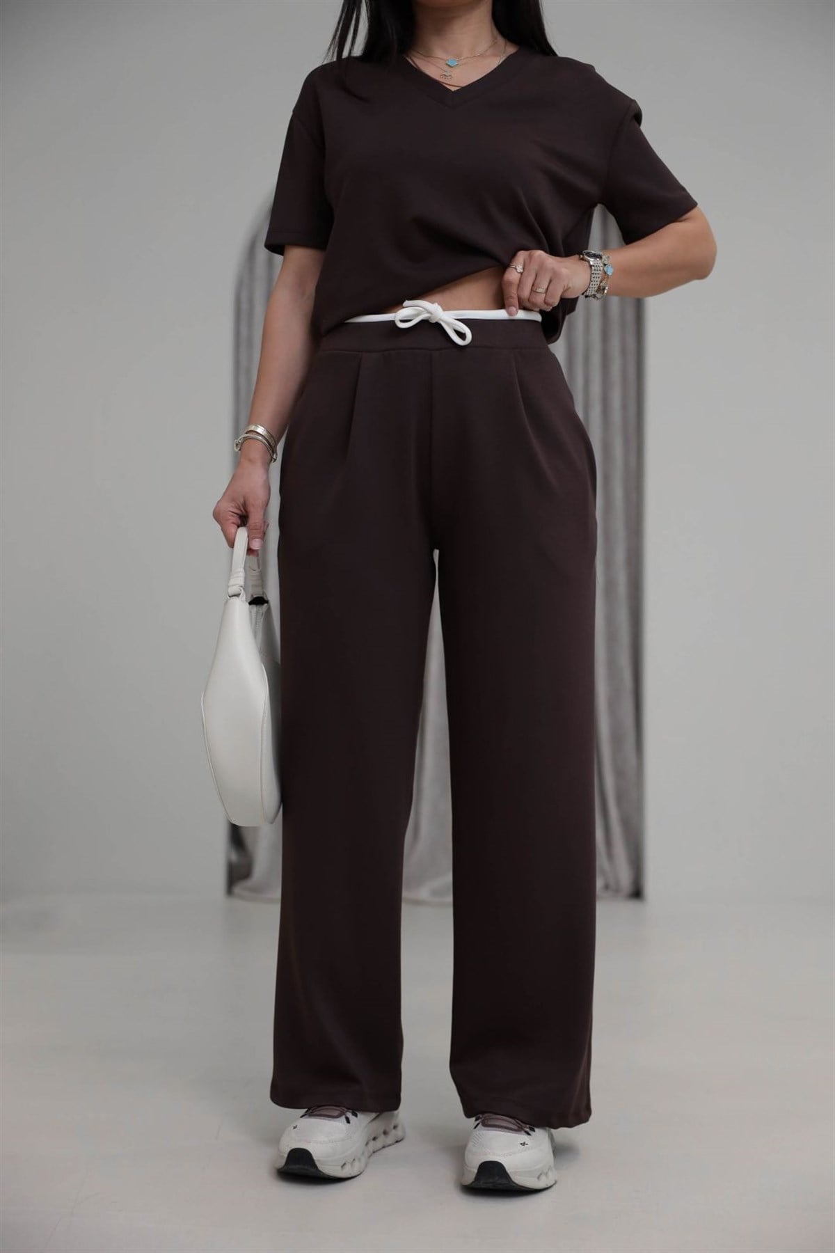 1538 Çift Renkli Bağcıklı Modal Pantolon KAHVE