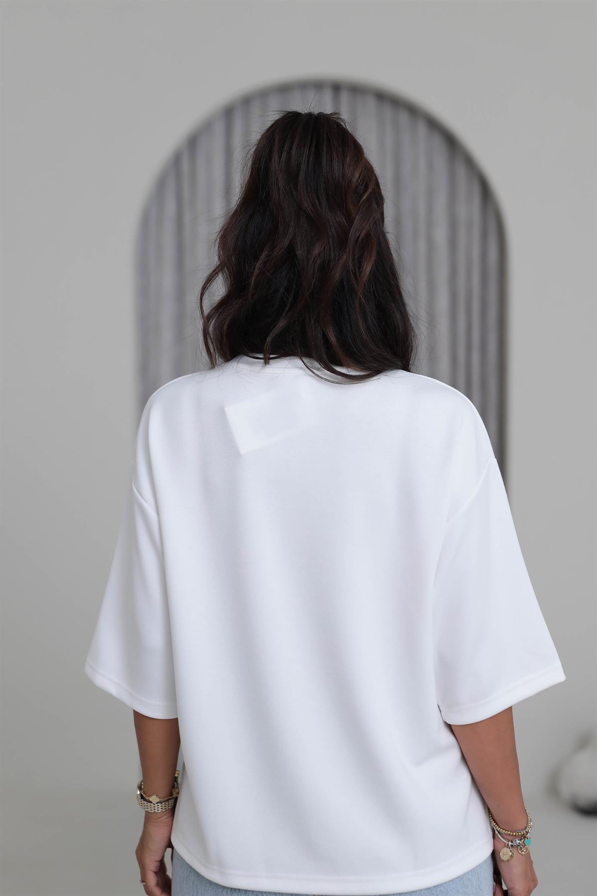 4783 Bisiklet Yaka Rahat Modal Cupra Tshirt BEYAZ