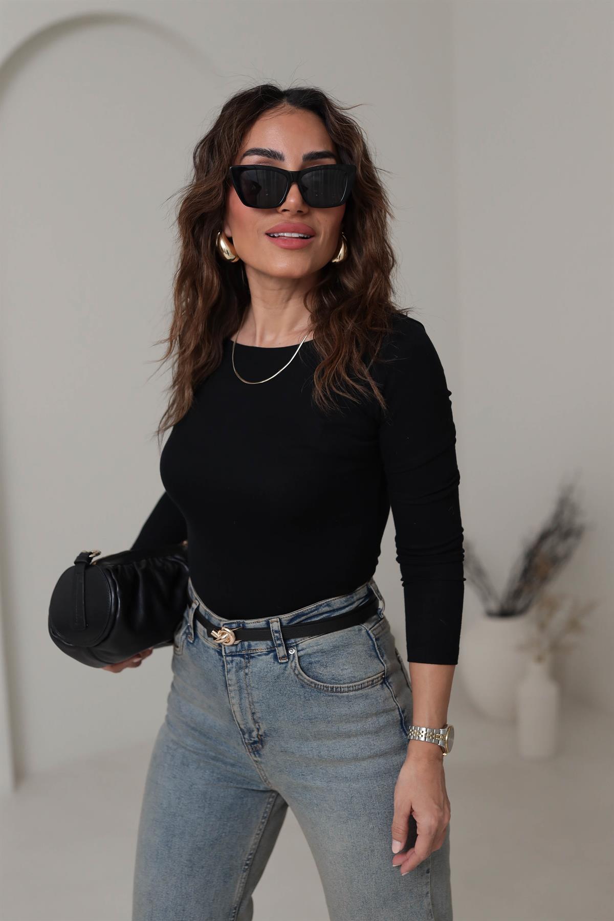 1025 Geniş Yaka Modal Bluz SİYAH