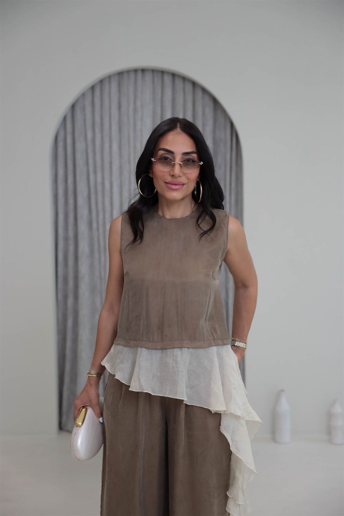 1391 Yandan Bağlamalı Tencel Kolsuz Bluz Pantolon Takım KAHVE