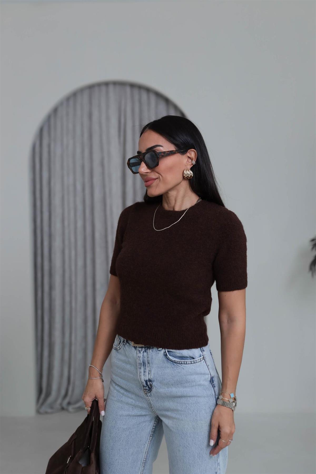 0651 Bisiklet Yaka Yumuşak Dokulu Kısa Kol Triko Kazak KAHVE