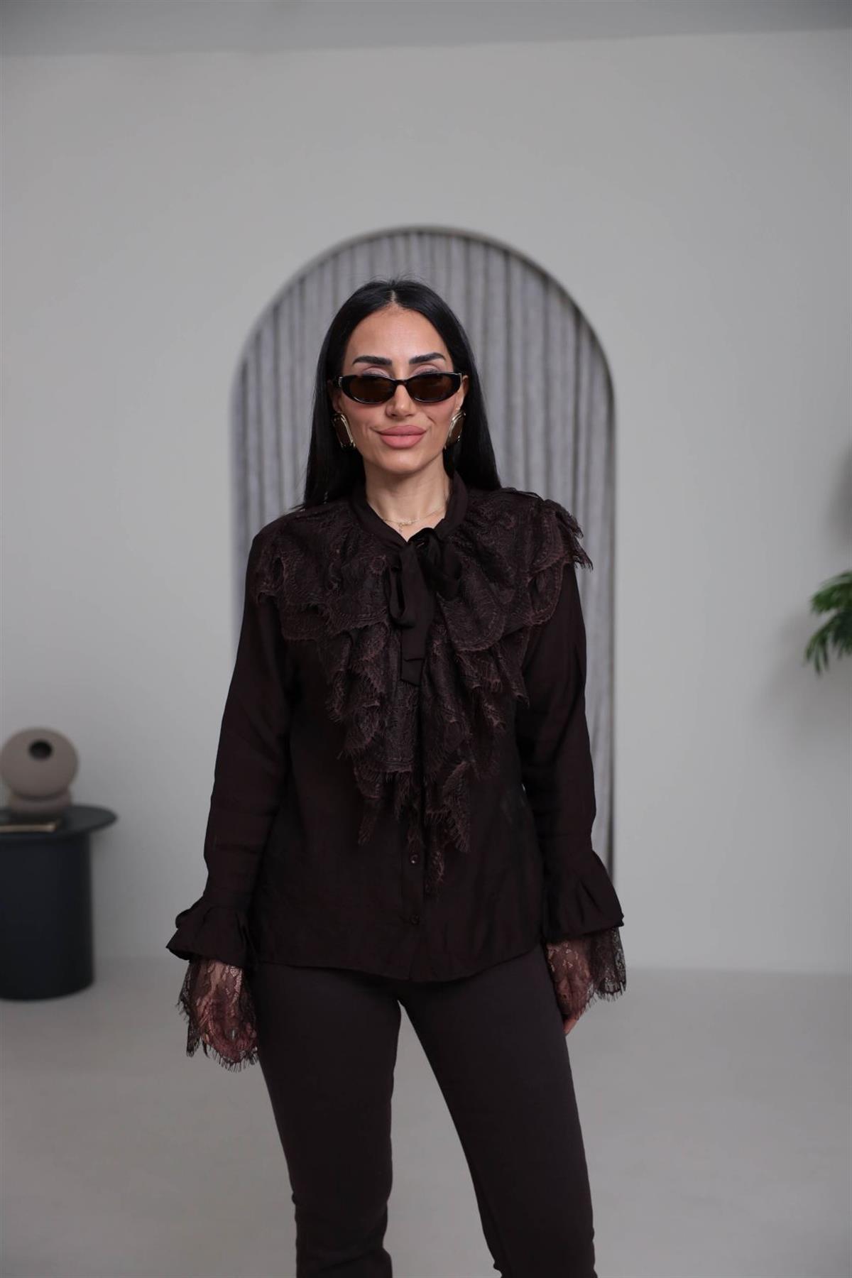 4512 Güpür Detaylı Önden Bağlamalı Gömlek ACI KAHVE