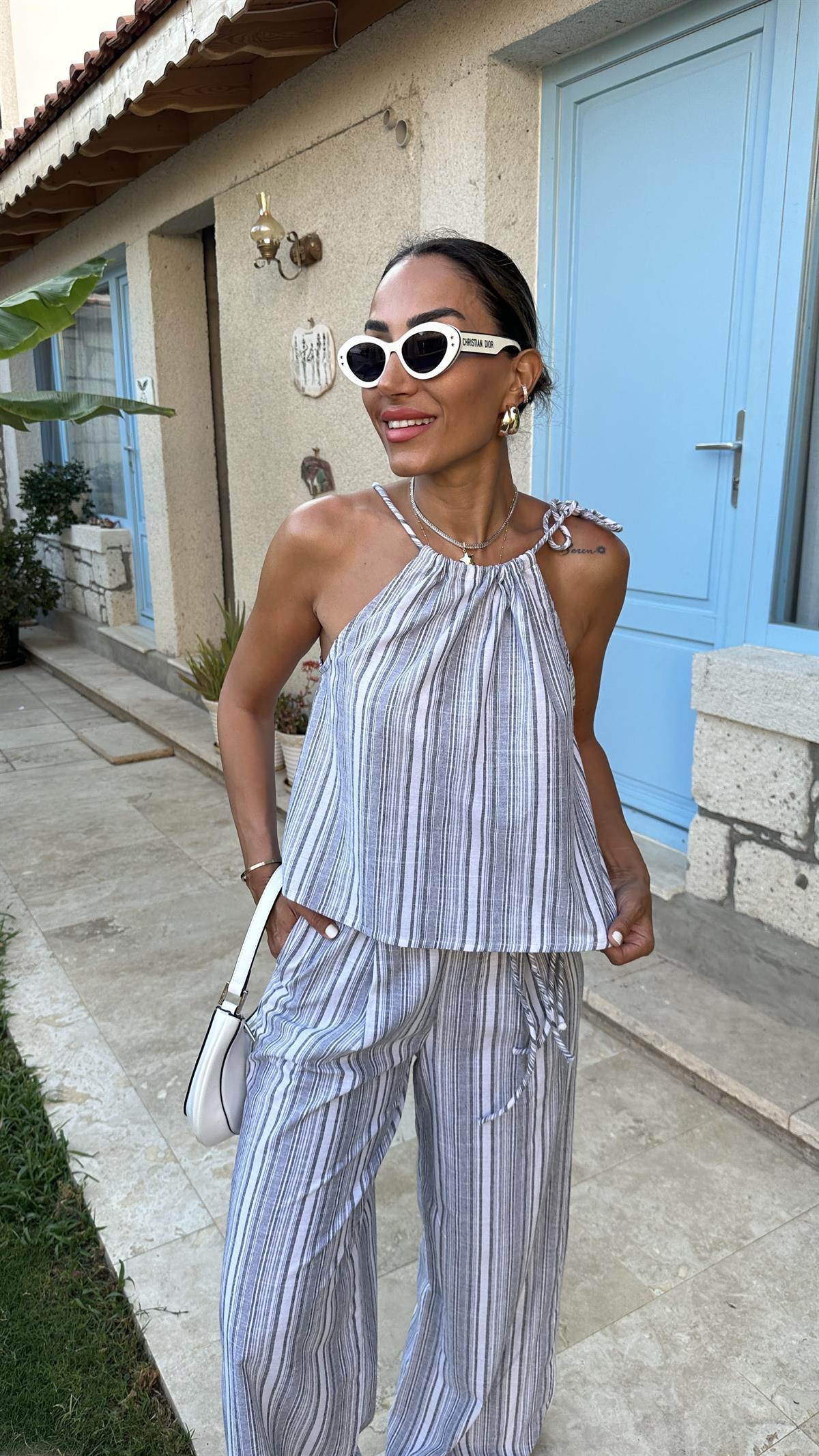 6347 Boyundan Bağlamalı Bluz Pantolon Takım