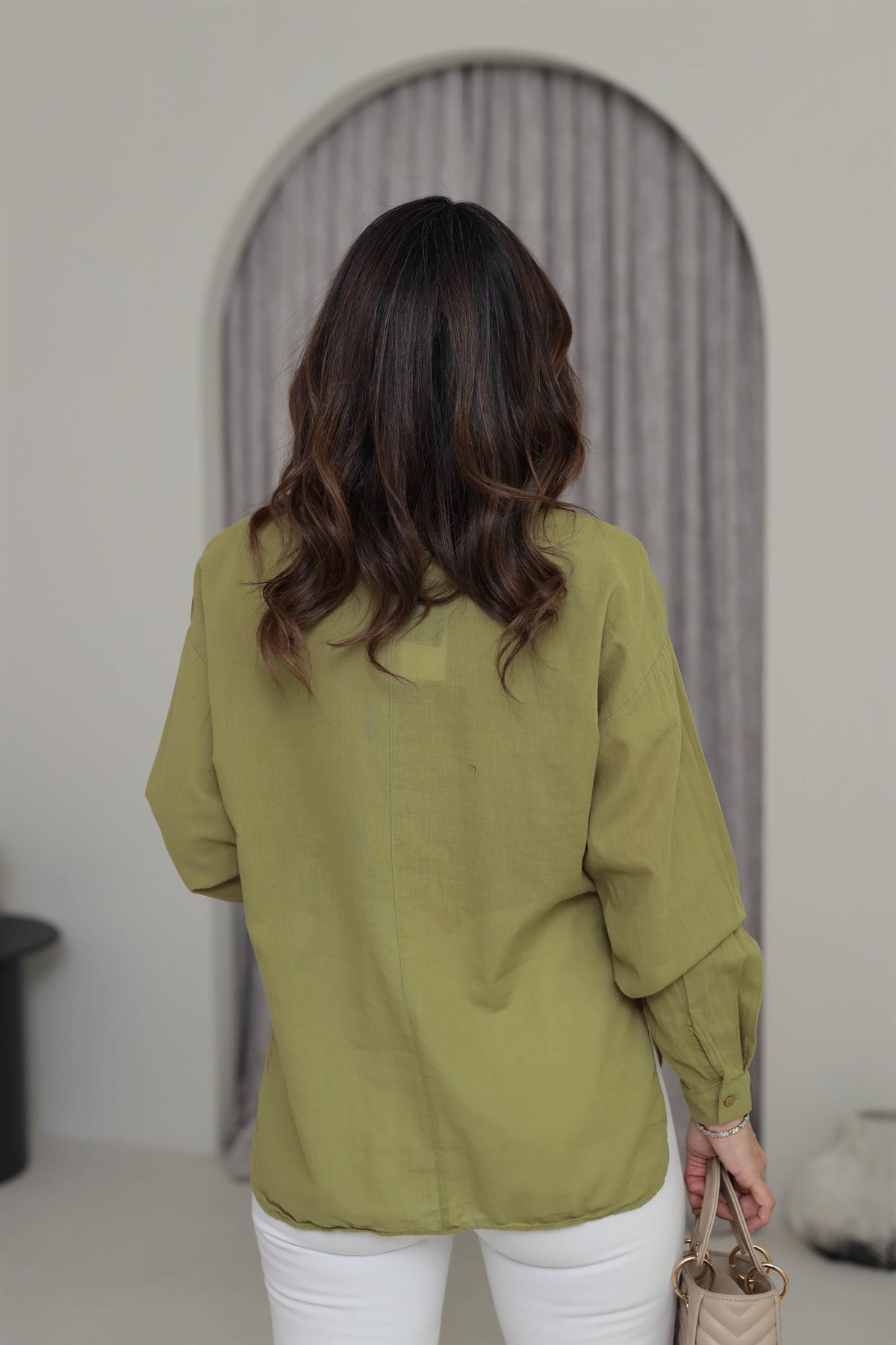 4294 Cep Detaylı Pamuklu Dokulu Gömlek FISTIK YEŞİLİ
