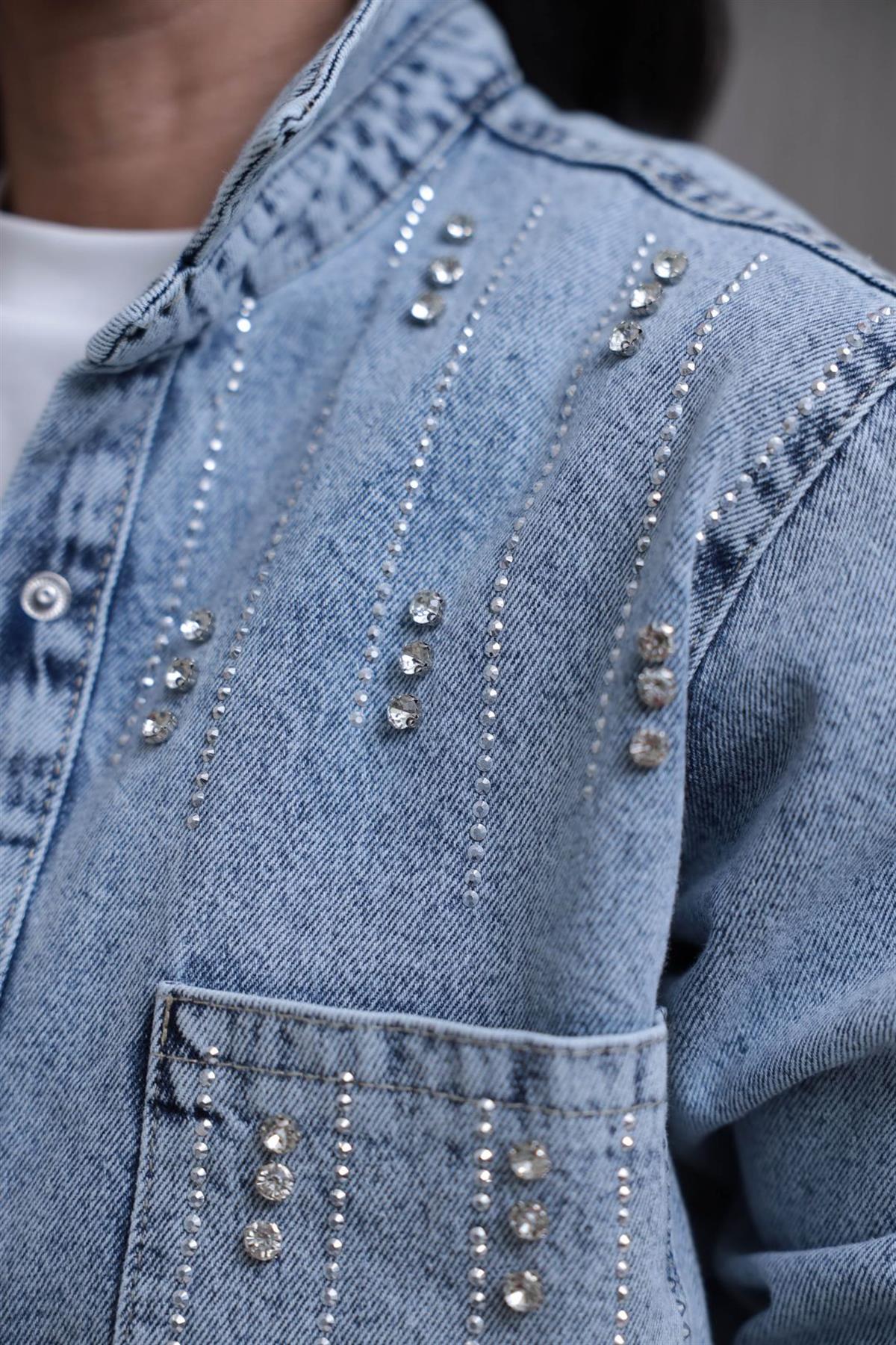 3171 Ön Arka Taş İşlemeli Rahat Denim Ceket BUZ MAVİ