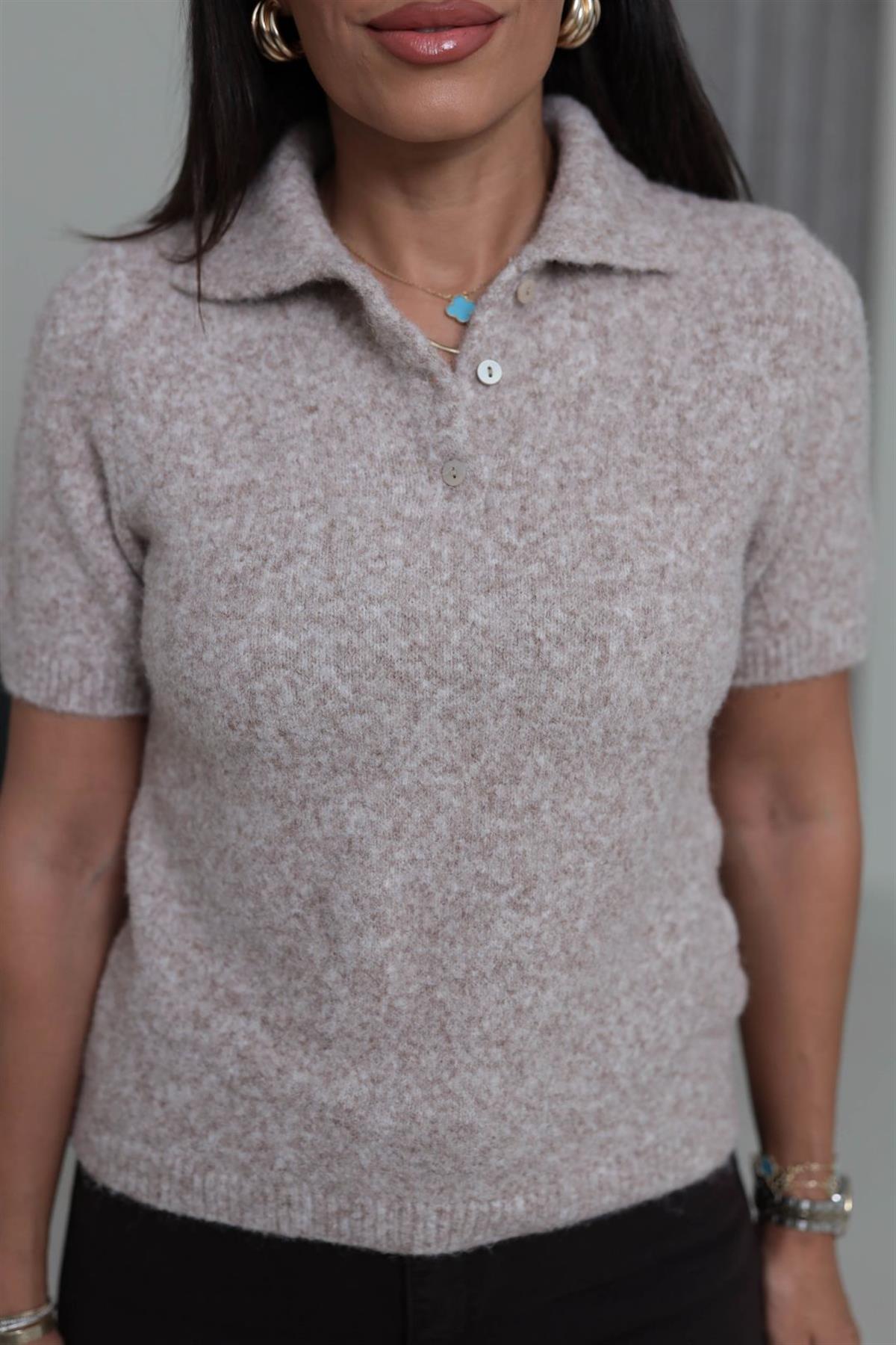 0109 Polo Yaka Massi Kısa Kol Yumoş Kazak VİZON