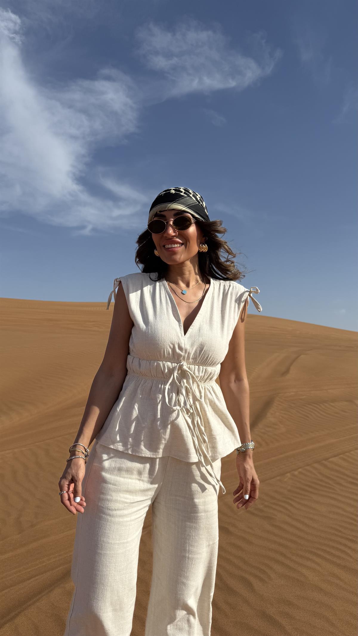 DXB Büzgü Detaylı Bel Lastikli Keten Takım TAŞ