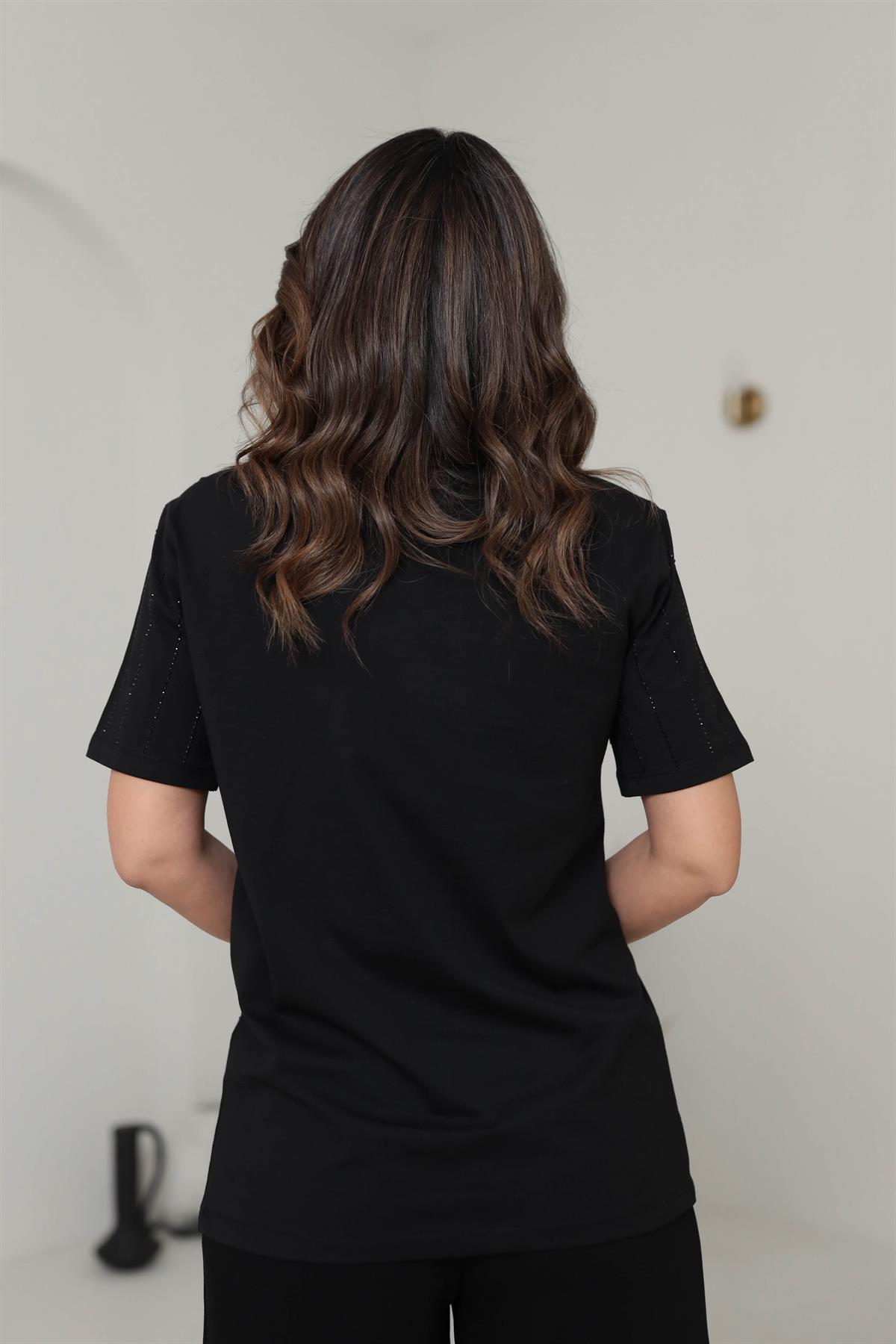 7103 Şerit Taşlı Pamuklu Tshirt SİYAH