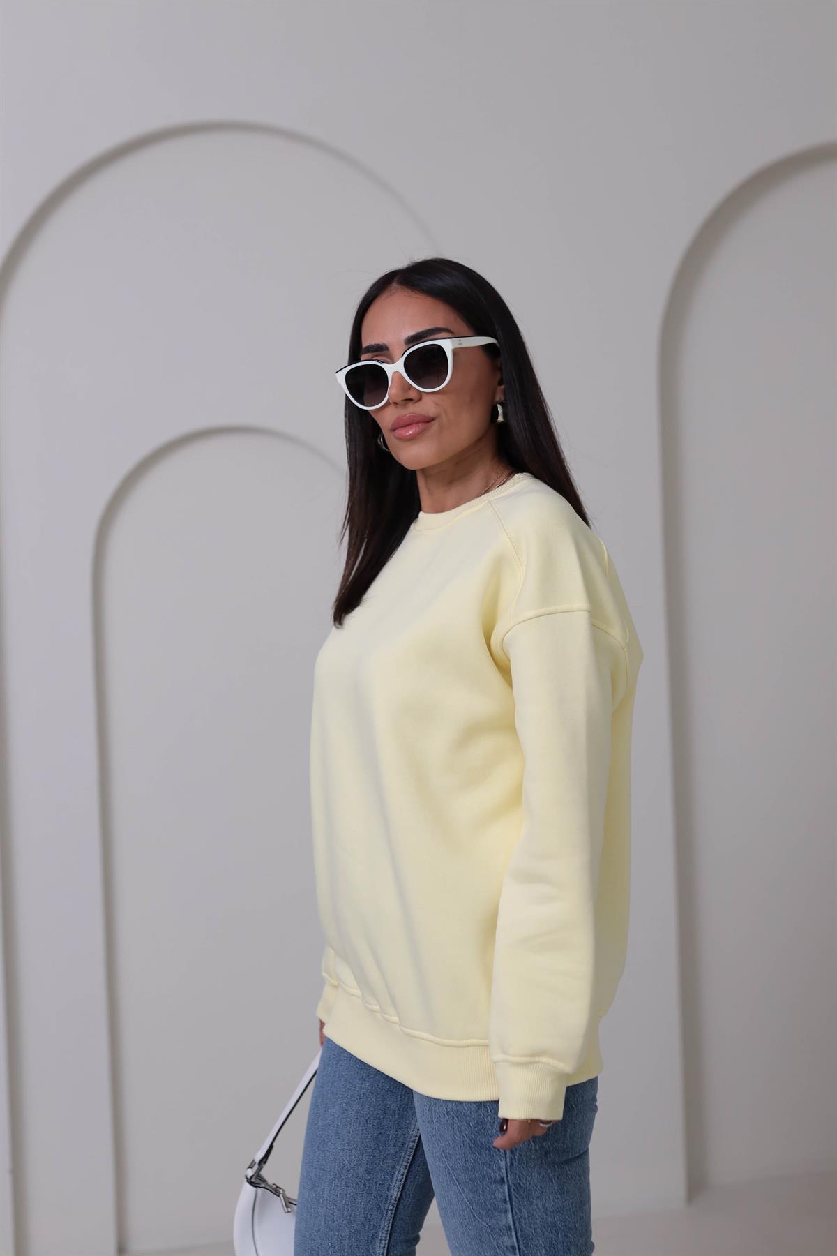 7912 Bisiklet Yaka Şardonlu Sweatshirt SARI