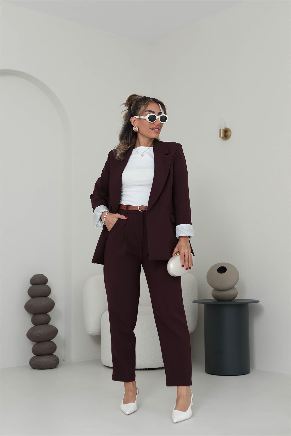 9134K Kolu Katlamalı Çizgili Astarlı Ceket BORDO