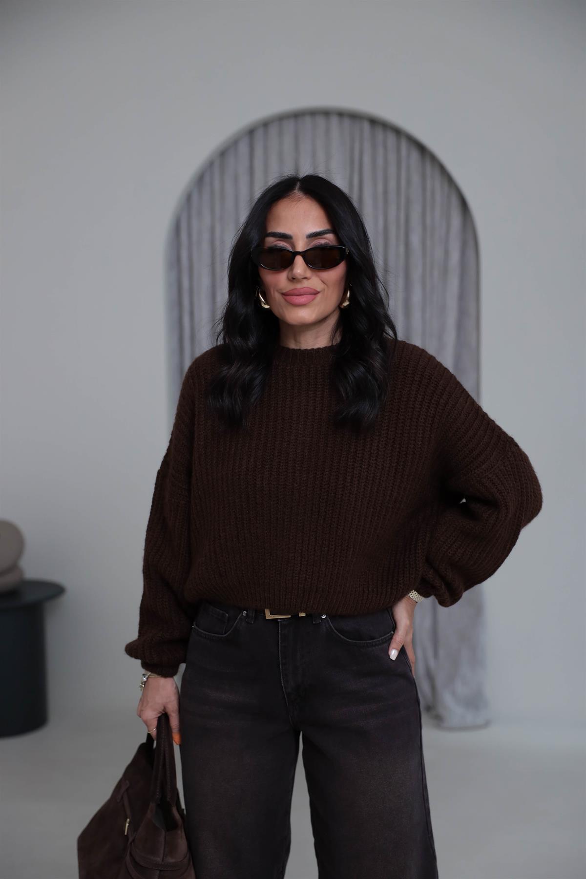 3579 Bisiklet Yaka Örme Oversize Kısa Kazak KAHVE