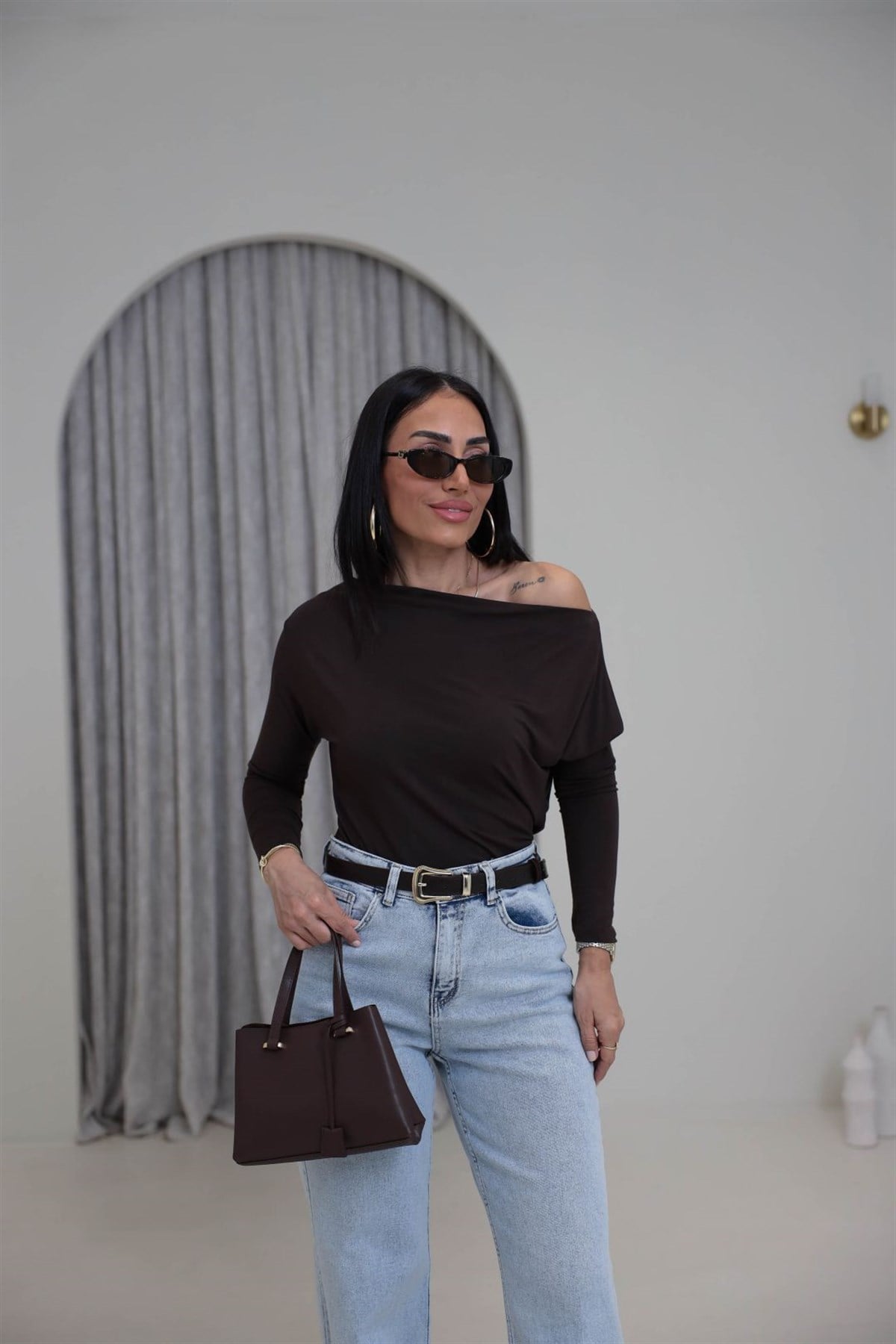 7221 Degaje Yaka Modal Bluz KAHVE