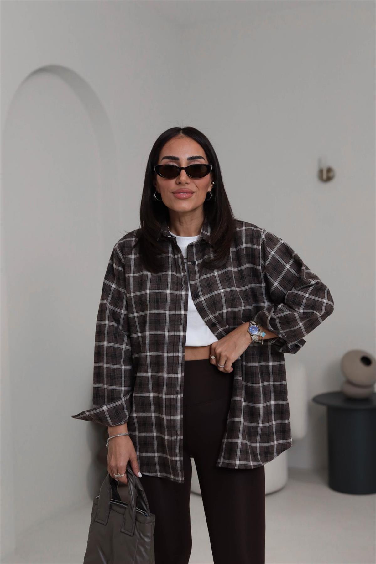 6835 Oversize Kareli Oduncu Gömlek KAHVE
