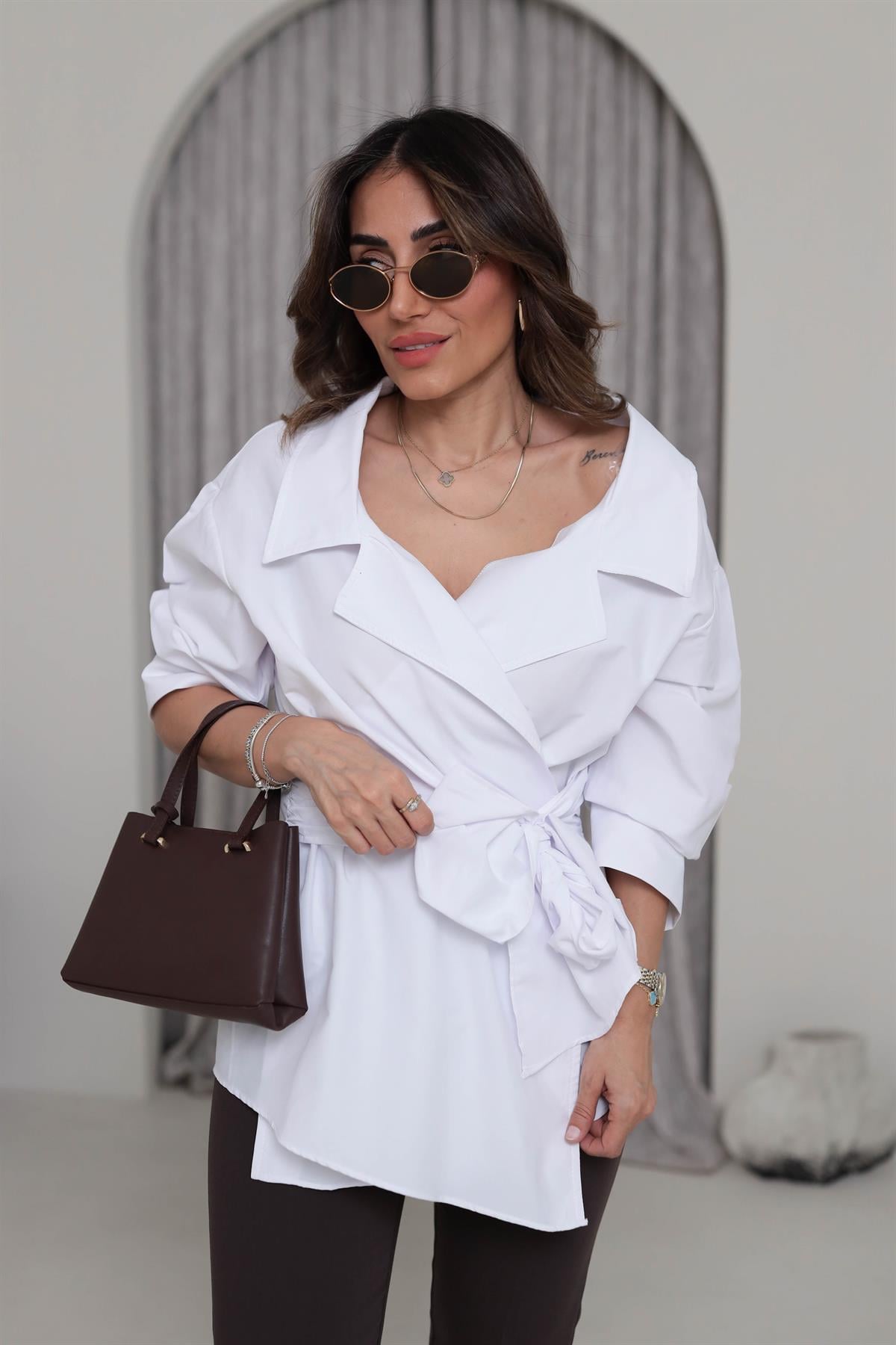 3165 Kruvaze Kuşaklı Poplin Gömlek Bluz BEYAZ